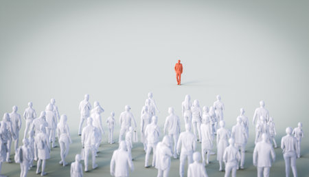 group of people look at a red man. concept of leader, differences. 3d render.