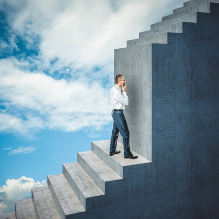 businessman climbs the stairs finds an obstacle.