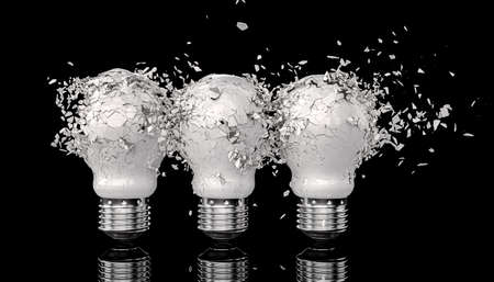 explosion of 3 white light bulbs on black. 3d render