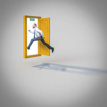 businessman jumps into a door to get out. concept of change.