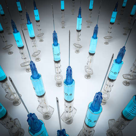 syringes with blue liquid. square format. 3d renderの写真素材