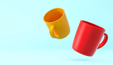 yellow and red cups on a light blue background. 3d renderの写真素材