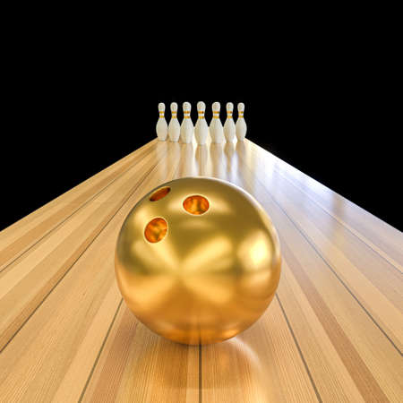 gold bowling ball and skittles on the line. 3d renderの写真素材