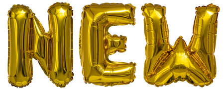 real balloons in the shape of new word metallic gold on a white backgroundの写真素材