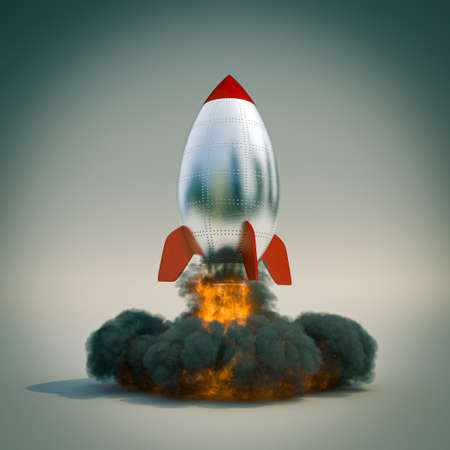 big vintage metal rocket takes flight. 3d renderの写真素材