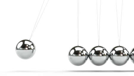 NEWTON'S PENDULUM IN REFLECTIVE METAL. 3D RENDERの写真素材