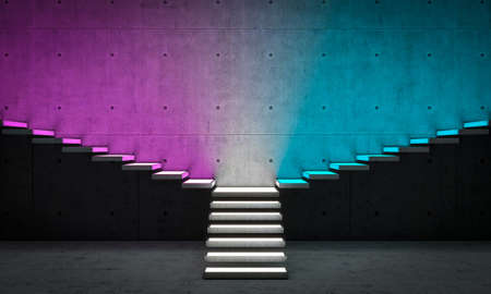 stairs with purple and blue lights. 3d renderの写真素材