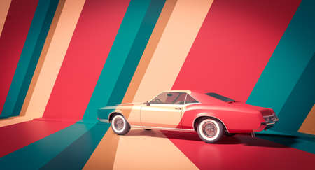 vintage car on colorful striped background. 3d renderの写真素材