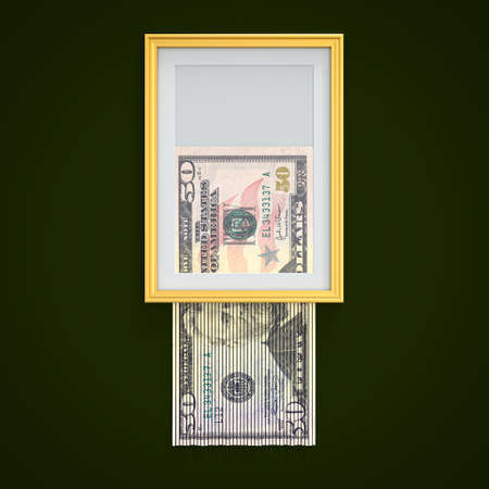 framed 50 dollar money self-destructs. 3d renderの写真素材