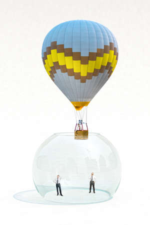 businessmen imprisoned in a glass bowl, one manages to get out thanks to a hot air balloon.
