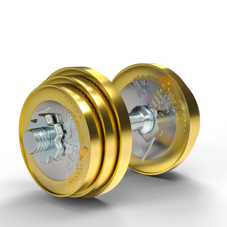 fitness dumbbells made with euro coins. 3d renderの写真素材