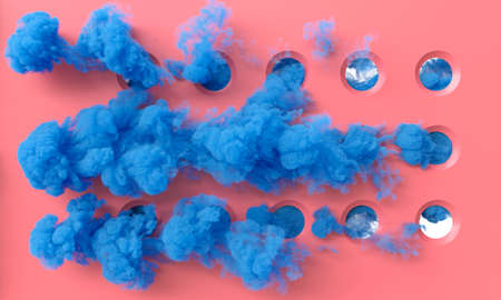 blue cloud smoke on pink background with circular holes. 3d render