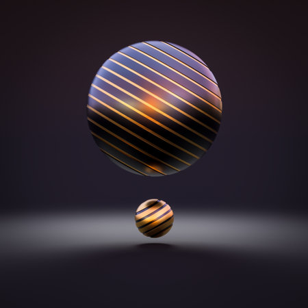 dark background with gold and black spheres with grooves. 3d renderの写真素材