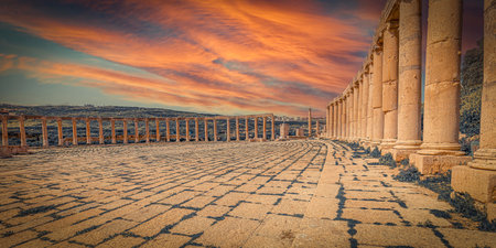 colonnade inside the ancient city of Jerash in Jordanの写真素材