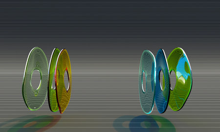 glass rings on a striped background. 3d render