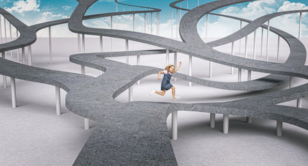 little blond girl runs on abstract roads that lead in multiple directions.の写真素材