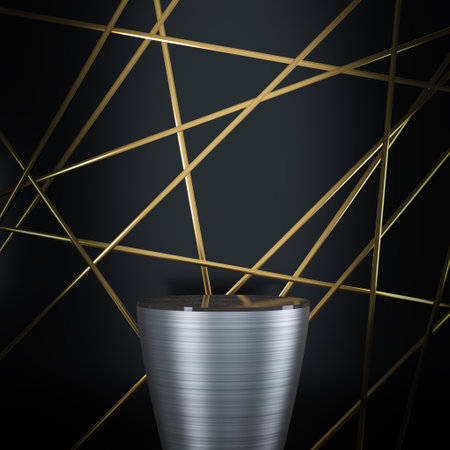 conical steel podium with dark and gold background. 3d renderedの写真素材