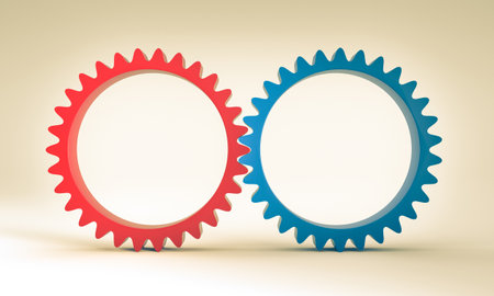 red and blue gears on a neutral background. 3d renderの写真素材