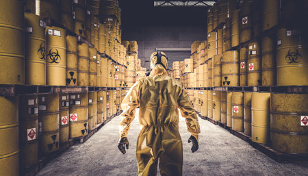 Man in yellow protective suit and gas mask, warehouse full of yellow metal barrels with danger...