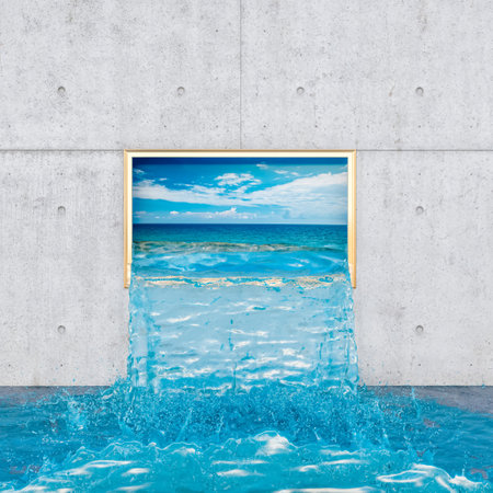 gold framed painting with the sea coming out and the floor in the air. 3d renderの写真素材