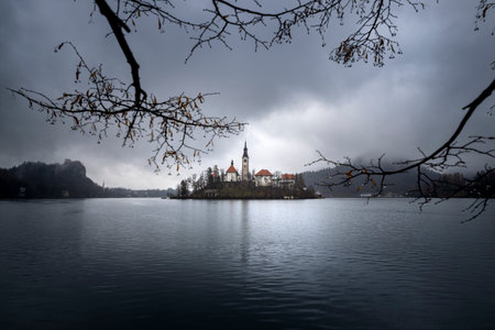 rainy day at lake bled in sloveniaのeditorial素材