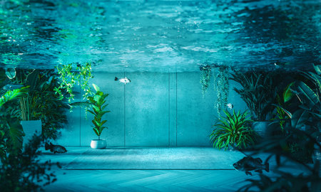 submerged modern concrete interior. 3d renderの写真素材