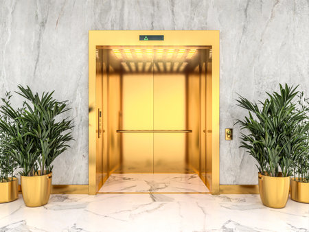 3d render image of a gold lift with light marble wallsの写真素材
