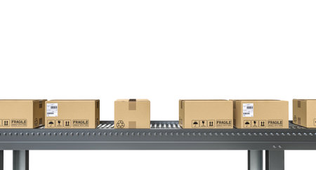 conveyor belt with parcels isolated on white. 3d renderの写真素材