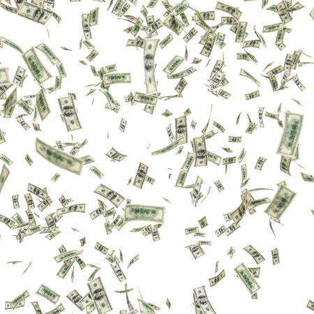 dollar banknote fall from the sky isolated on white. 3d renderの写真素材
