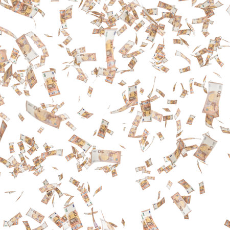 euro banknote fall from the sky isolated on white. 3d renderの写真素材