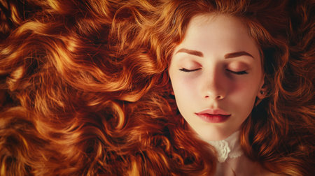 portrait woman red hair eyes closed. generated by aiの素材