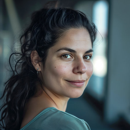 portrait of Caucasian woman with black hair, side view blurred background. generated by aiの素材