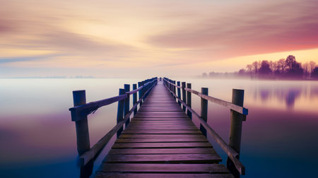 wooden jetty on lake at dawn generated by aiの素材