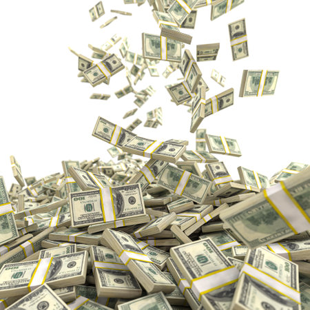 bundles of dollars fall and form a pile 3d render detail. isolated on white dofの写真素材