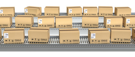3 conveyor belts with parcels. 3d render backgroundの写真素材