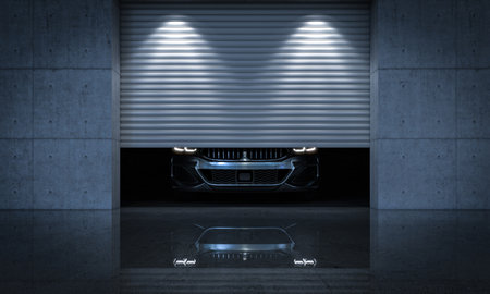 luxurious car inside a modern garage with metal shutter. 3d renderの写真素材