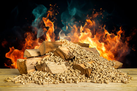 wood pellets with beech logs and flames in the backgroundの写真素材