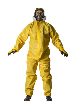 man in yellow protective suit and gas mask isolated on whiteの写真素材