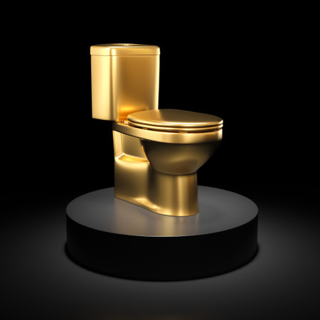 gold metal toilet bowl on black pedestal, dark background. 3d renderの写真素材