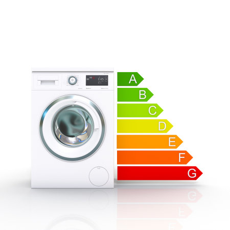 washing machine and energy classification with arrow bars. 3d renderの写真素材