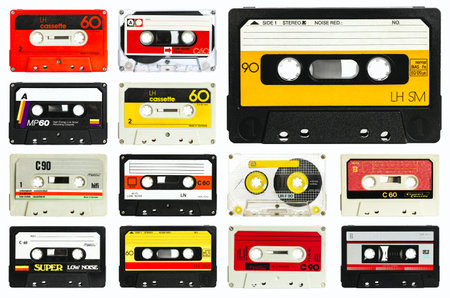 old audio cassette collection on a white backgroundの写真素材
