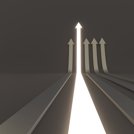 multicolored and illuminated arrows on a light background. 3d renderの写真素材