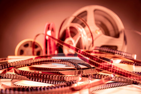 vintage super 8 film and reels backgroundの写真素材