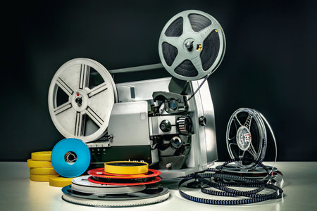old 8mm film projector with several reelsの写真素材
