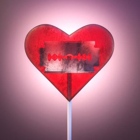 heart-shaped lollipop with a razor blade inside. 3d renderの写真素材