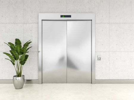3d render interior of a modern steel lift with closed doorsの写真素材