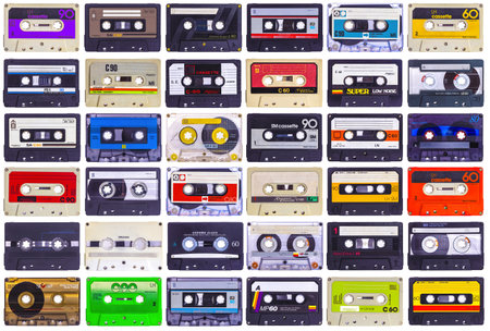 background with audio cassettes of various kinds on a whiteの写真素材