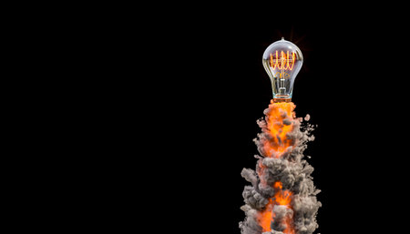 Classic filament bulb with smoke and flames on a black background. 3d renderの写真素材