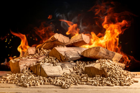 wood pellets and logs with flames in the backgroundの写真素材