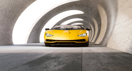 yellow sports car in modern concrete tunnel, 3d renderの写真素材